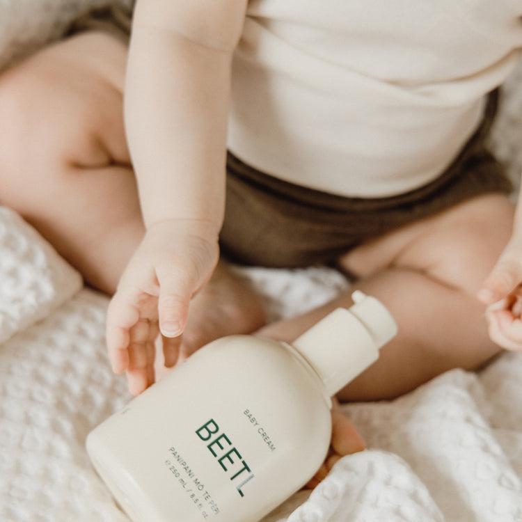 BEETL Baby Cream in 250ml bottle, gentle moisturizer for babies, with smooth, creamy texture and soft pastel packaging.