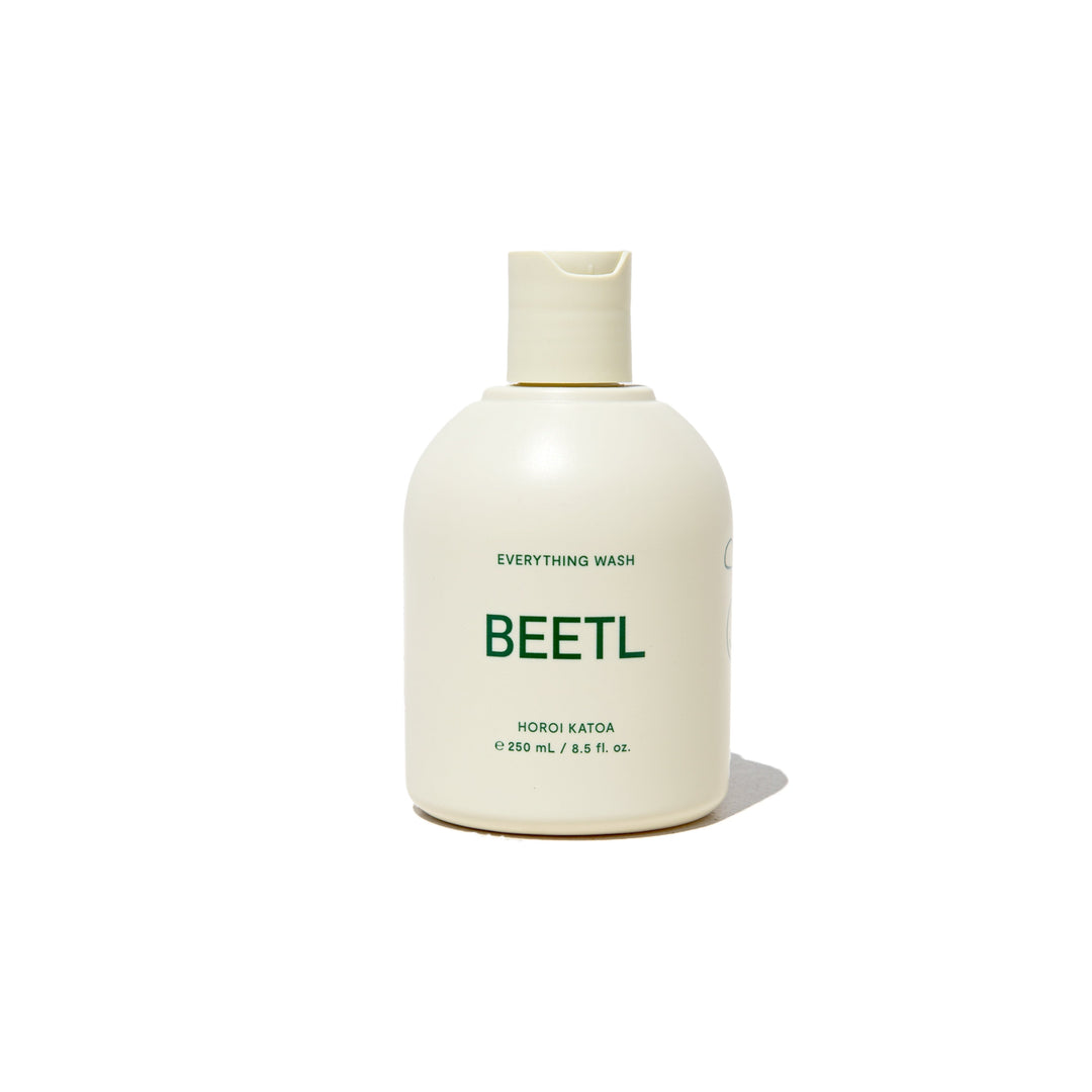 BEETL Everything Wash 250ml bottle, clear liquid soap with pump dispenser, designed for versatile cleaning and personal care.