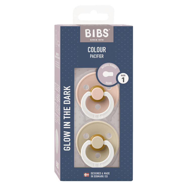BIBS Blush and Vanilla GLOW round latex pacifiers for 0+ months, 2-pack, with soft silicone nipple and colorful glow design