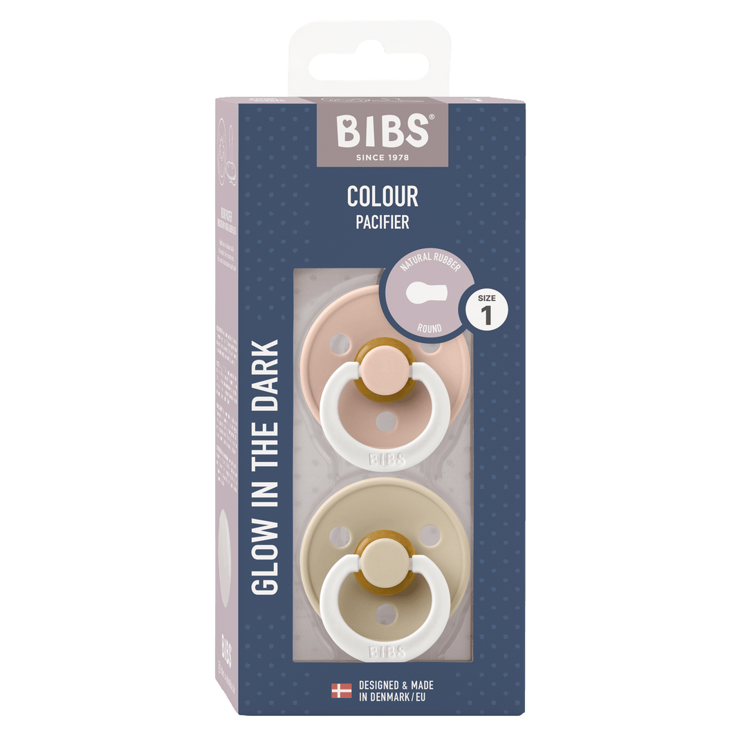 BIBS Blush and Vanilla GLOW round latex pacifiers for 0+ months, 2-pack, with soft silicone nipple and colorful glow design