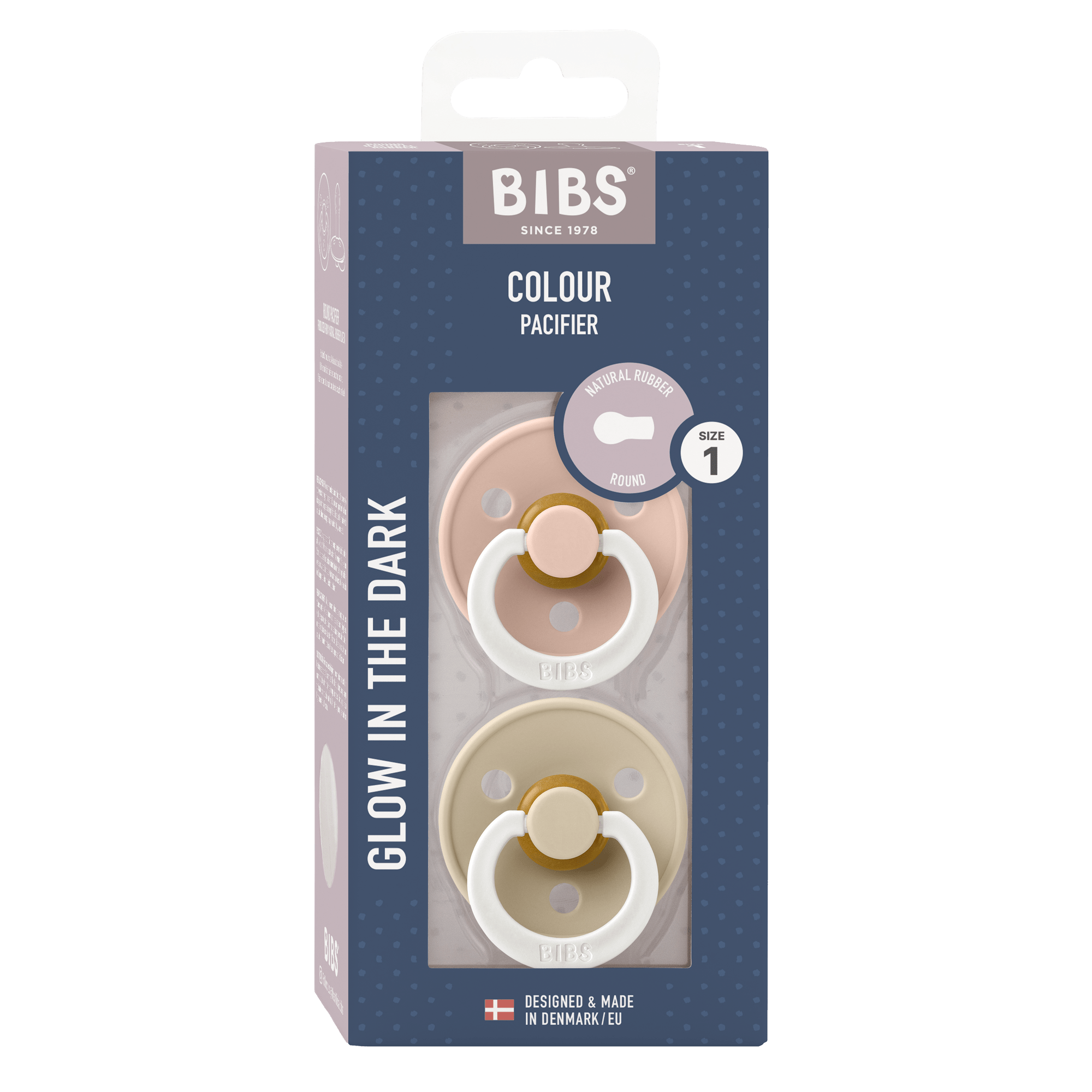 BIBS Blush and Vanilla GLOW round latex pacifiers for 0+ months, 2-pack, with soft silicone nipple and colorful glow design