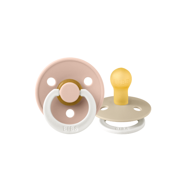 BIBS GLOW Pacifier set with round latex teat in blush and vanilla colors for 0+ months, natural and comfortable for babies