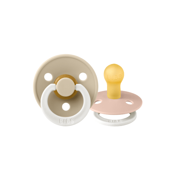 BIBS GLOW Pacifier set with blush and vanilla round latex pacifiers for 0m+ infants, soft and safe for babies.