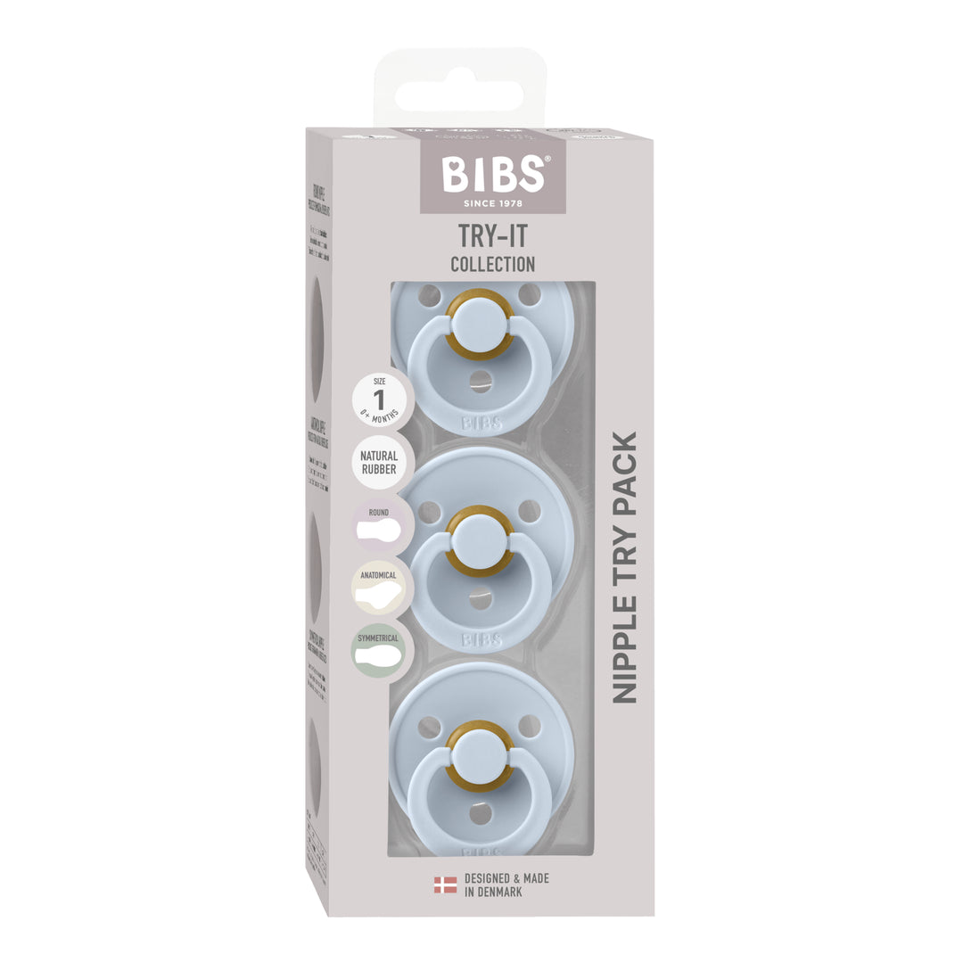 BIBS Try-It Starter Box 3-pack baby blue silicone baby bibs from the Try-It Collection, featuring adjustable neck closures