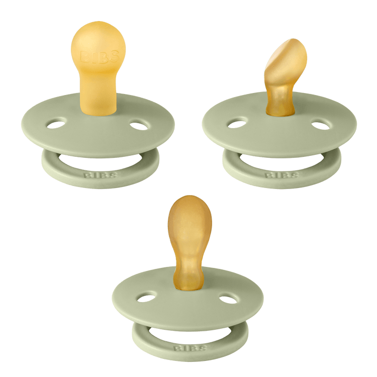 BIBS Try-It Starter Box 3-pack of baby pacifiers in sage color from the Try-It Collection, featuring soft silicone nipples and protective caps.