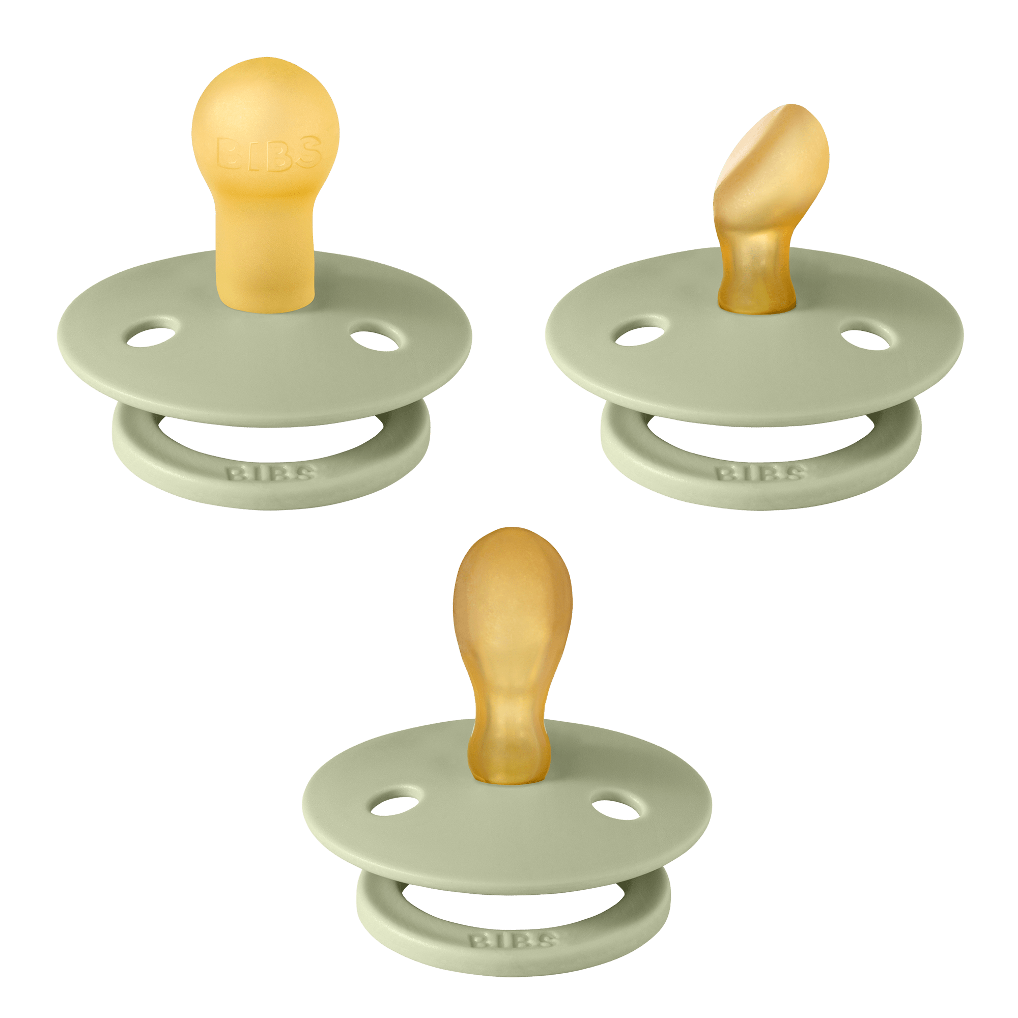 BIBS Try-It Starter Box 3-pack of baby pacifiers in sage color from the Try-It Collection, featuring soft silicone nipples and protective caps.
