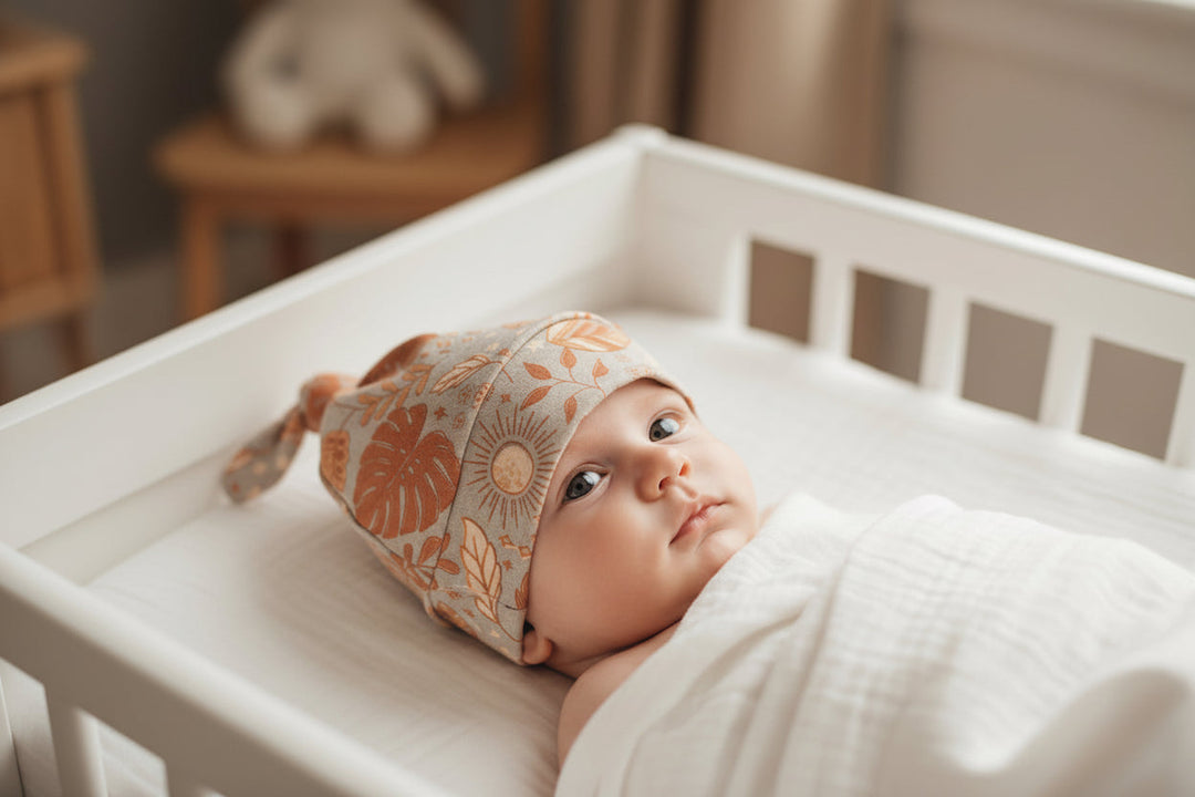 Kippins Autumn Organic Knot Beanie for babies, soft and cozy, in warm earthy tones, featuring a stylish knot design.