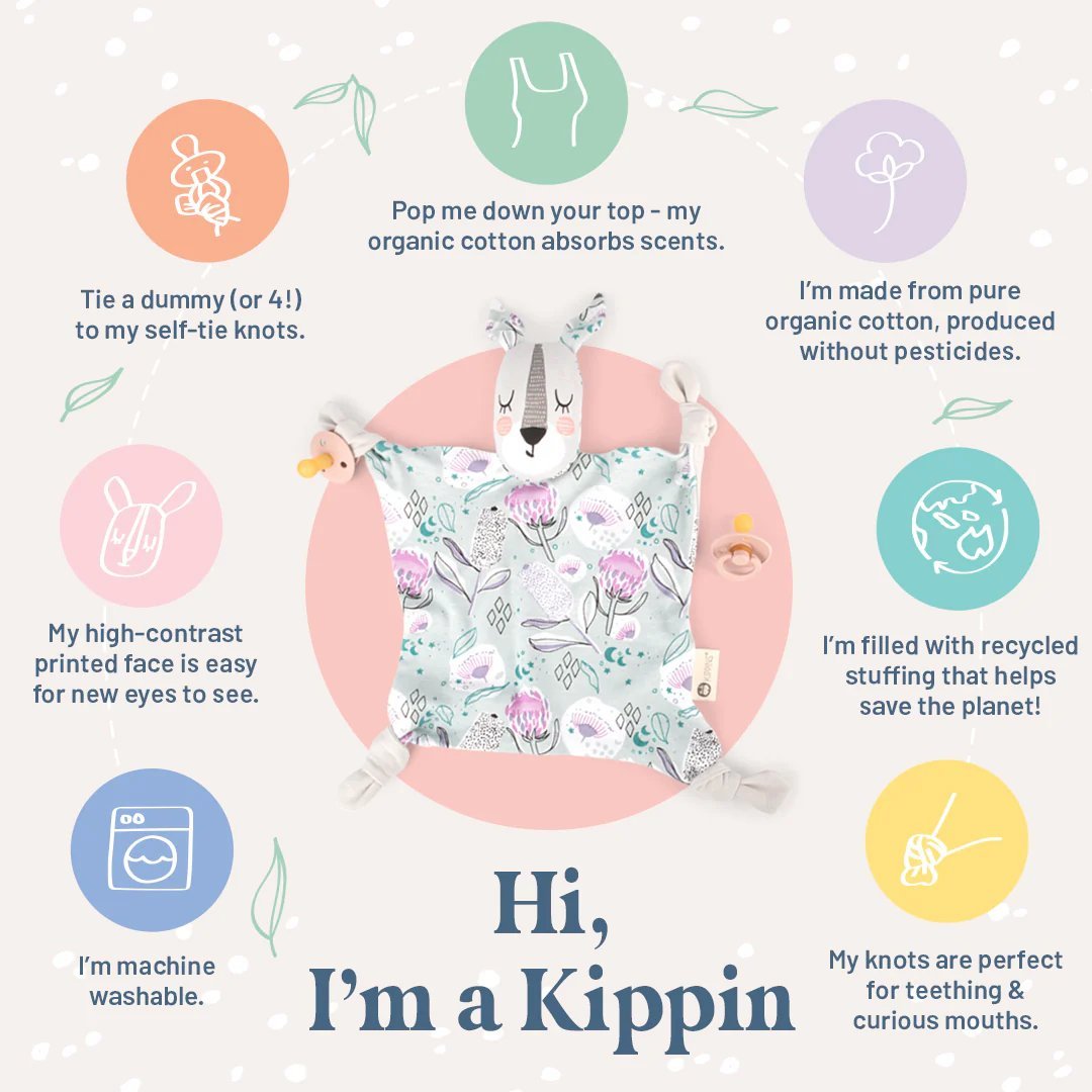 Kippins Dash organic cotton baby comforter cuddle blankie with soft fabric and playful design, perfect for gentle snuggling.