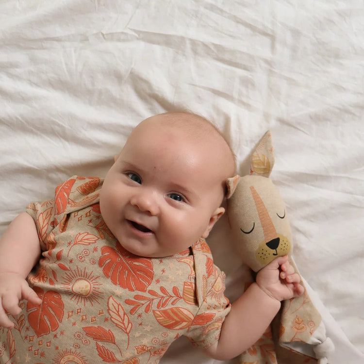Kippins Sonny Kippin organic cotton baby comforter cuddle blankie with soft fabric and playful design for infants.