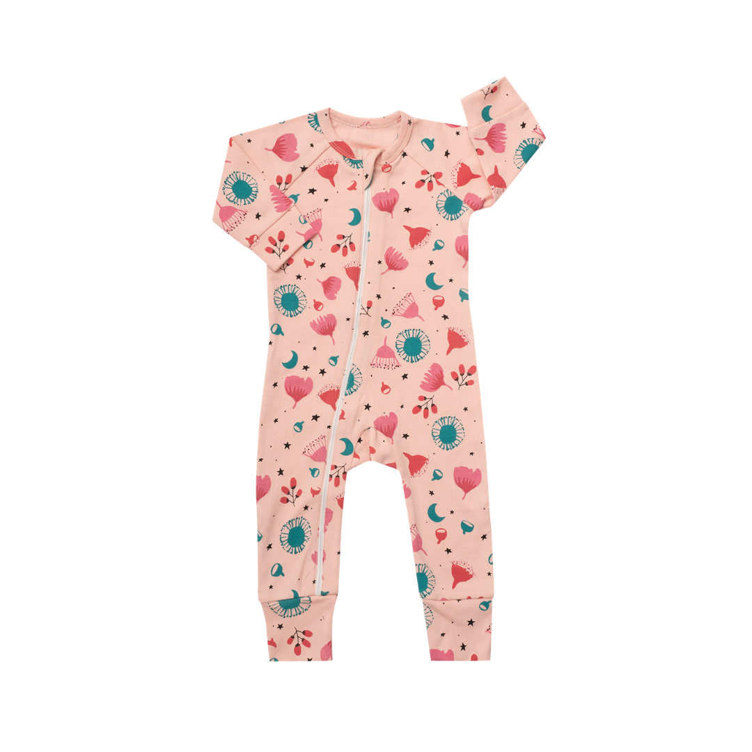 Kippins Floss long sleeve KipZip romper for infants, featuring comfortable fabric and snap closures, in size 0-3 months.