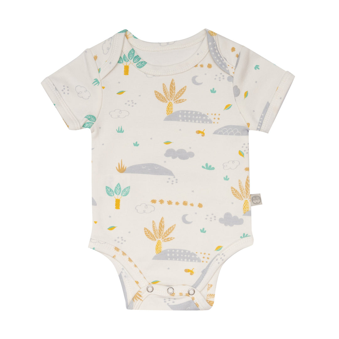 Kippins Desert short sleeve baby bodysuit in a soft desert print, designed for comfortable wear for infants.