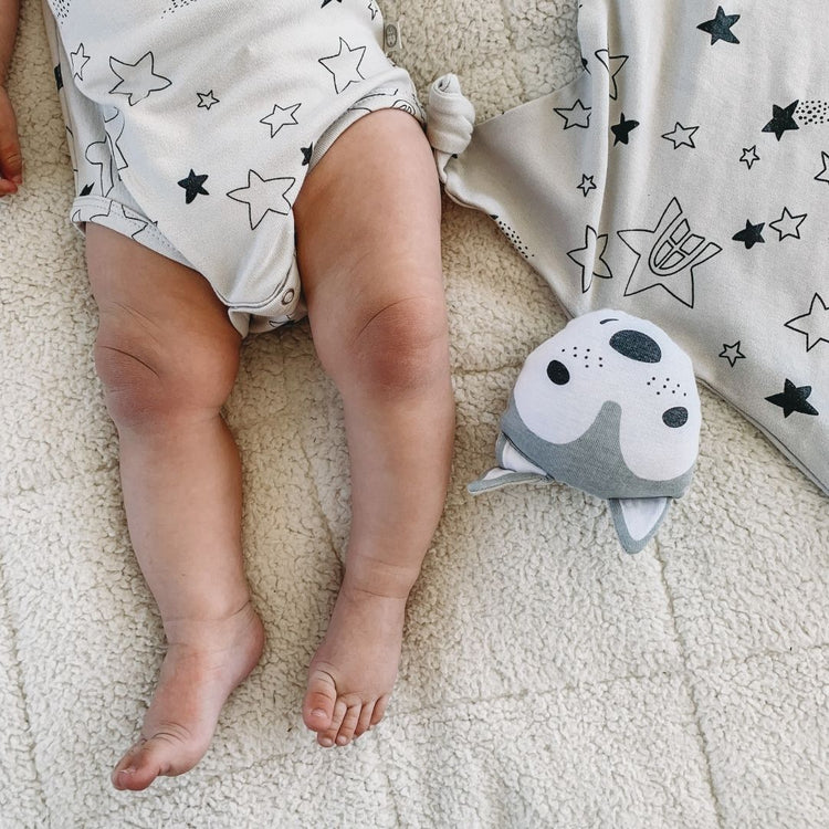 Kippins Star short sleeve bodysuit for babies, made of soft fabric, featuring a star pattern and snap closures for easy dressing.