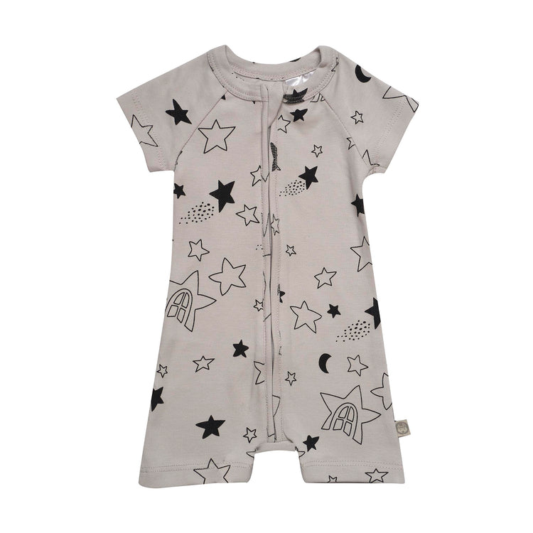 Kippins Star short sleeve KipZip romper for infants, featuring a playful star pattern and comfortable fabric for little ones.
